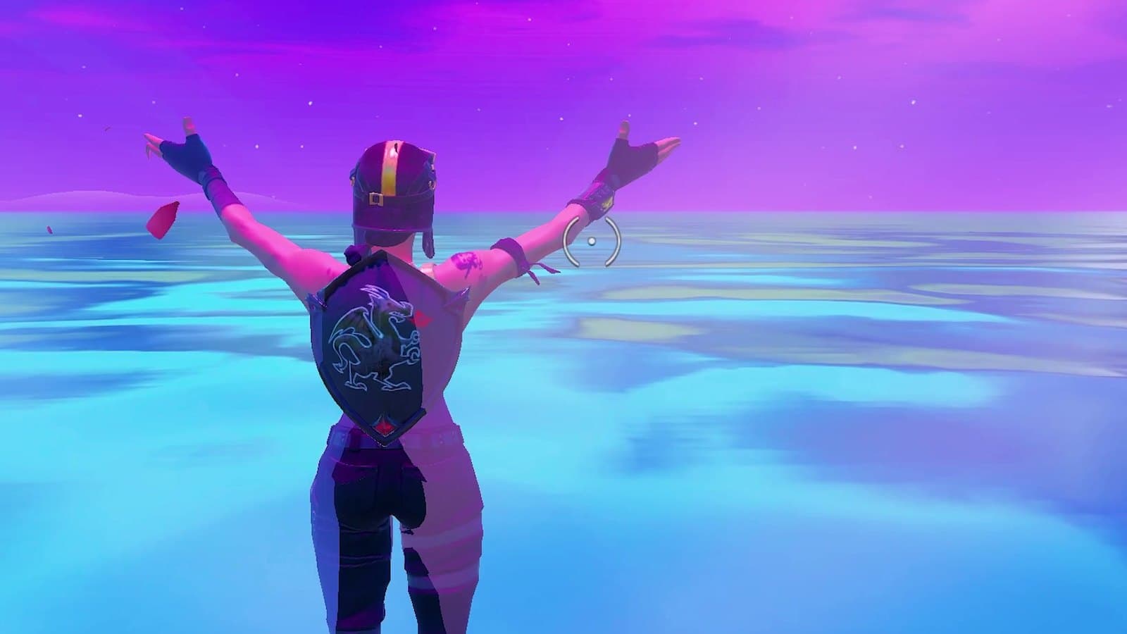 Fortnite gameplay: a player with both arms raised, standing over glowing water under a purple sky.