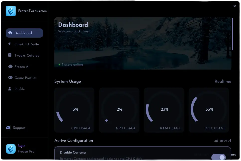Frozen Tweaks Dashboard Preview